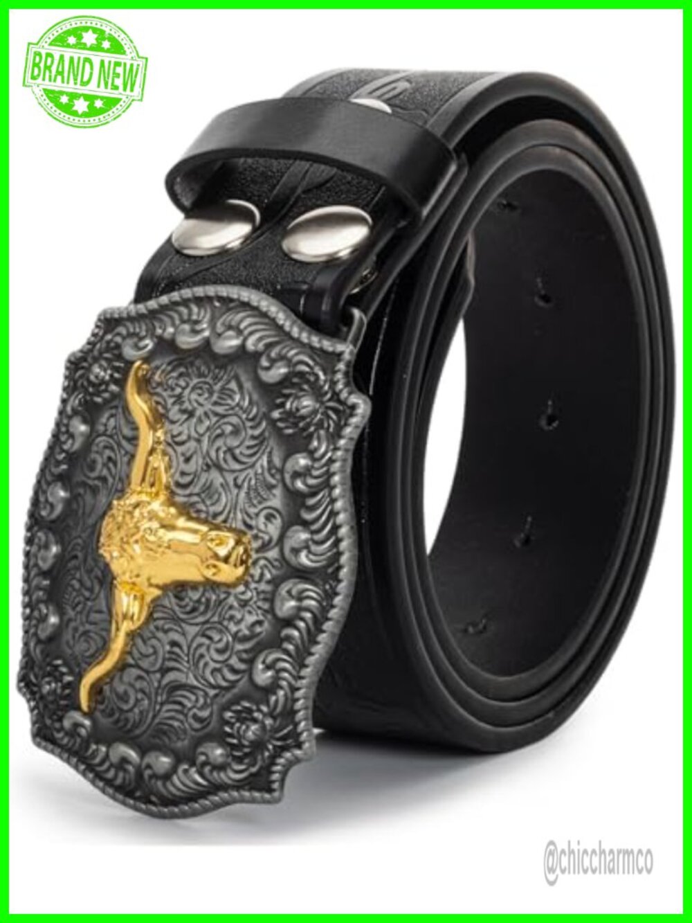 Embossed PU Leather Western Belt with Longhorn Bull Buckle